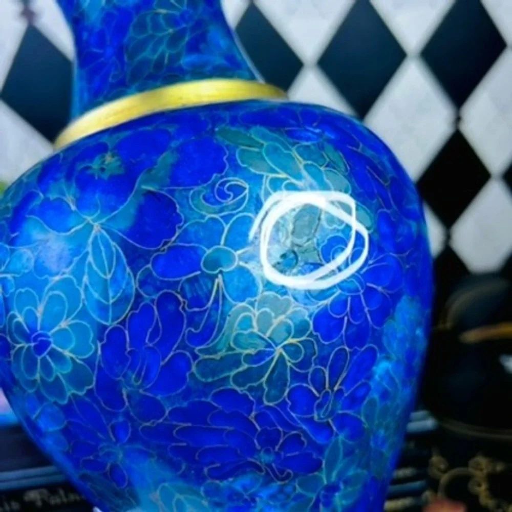 Vintage Blue Cloisonné Floral Vase Brass Trim 10" - Picture 6 of 10